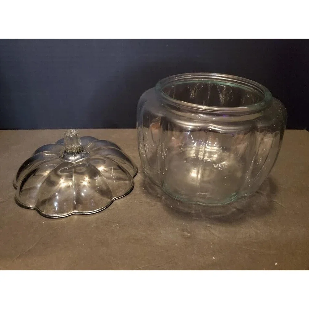 Anchor Hocking Pumpkin Cookie Jar Candy Glass Dish W/ Lid 7” Fall Halloween Vtg